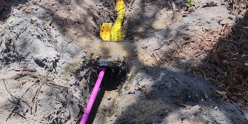 New irrigation line in its trench before backfill, Lakewood Ranch, May 2023