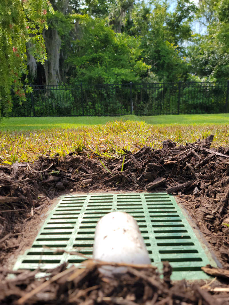 Finished green catch-basin grate set in a mulch bed, Bradenton, May 2022